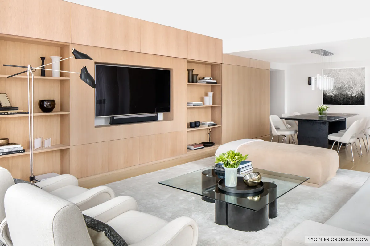 midtown quiet luxury condominium custom oak wall unit design